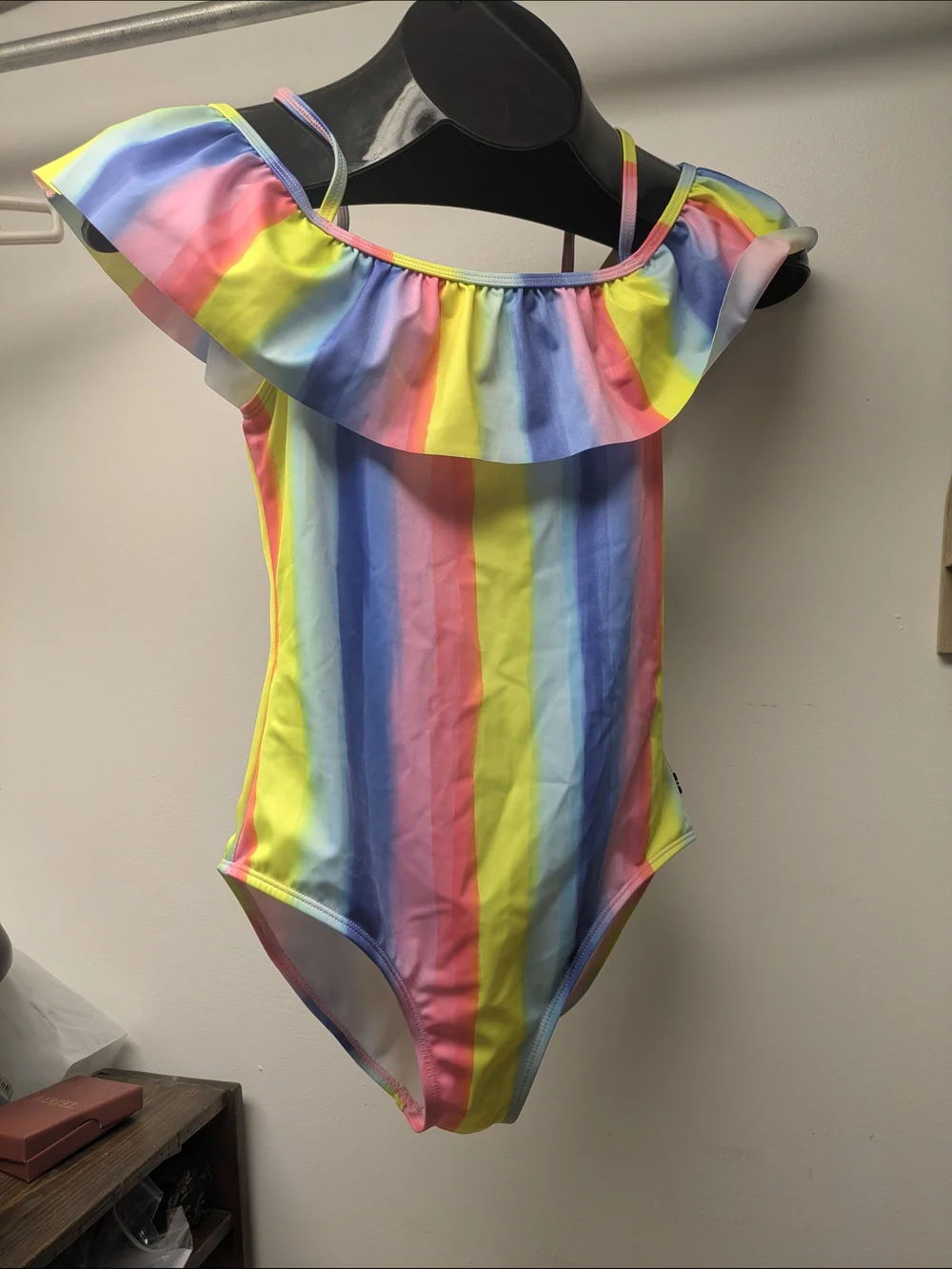Nautica Girls 12/14 Rainbow Stripe On Off Shoulder Ruffle One-Piece Swimsuit